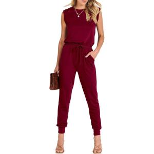 ANRABESS Womens Summer Sleeveless Jumpsuits Casual Dressy Stretchy Crewneck Rompers One Piece Outfits Fall Fashion 2025(Wine Red)
