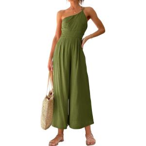 ANRABESS Women’s Summer Straps One Shoulder High Waist Dressy Casual Wide Leg Linen Jumpsuit Romper Beach Travel Outfits(Army Green)