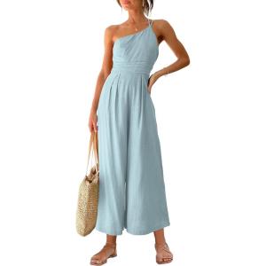 ANRABESS Women’s Summer Straps One Shoulder High Waist Dressy Casual Wide Leg Linen Jumpsuit Romper Beach Travel Outfits(Sky Blue)