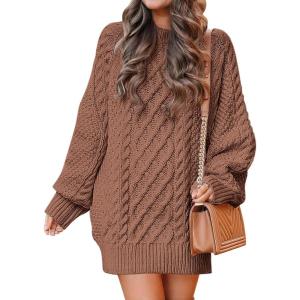 ANRABESS Womens Sweater Dress Oversized Cable Knit Chunky Long Sleeve Short Dresses 2025 Fall Outfits Vacation Winter Clothes(Brown)