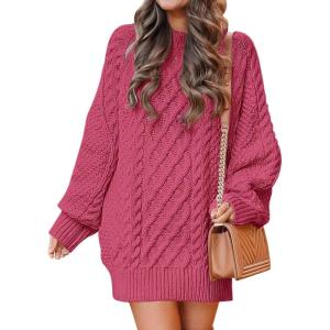 ANRABESS Womens Sweater Dress Oversized Cable Knit Chunky Long Sleeve Short Dresses 2025 Fall Outfits Vacation Winter Clothes(Cherry)