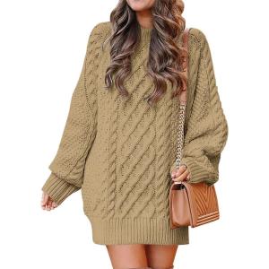 ANRABESS Womens Sweater Dress Oversized Cable Knit Chunky Long Sleeve Short Dresses 2025 Fall Outfits Vacation Winter Clothes(Khaki)