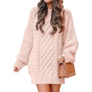ANRABESS Womens Sweater Dress Oversized Cable Knit Chunky Long Sleeve Short Dresses 2025 Fall Outfits Vacation Winter Clothes(Pink)