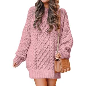 ANRABESS Womens Sweater Dress Oversized Cable Knit Chunky Long Sleeve Short Dresses 2025 Fall Outfits Vacation Winter Clothes(Red Pink)