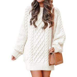 ANRABESS Womens Sweater Dress Oversized Cable Knit Chunky Long Sleeve Short Dresses 2025 Fall Outfits Vacation Winter Clothes(White)