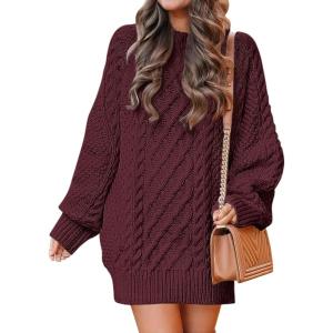 ANRABESS Womens Sweater Dress Oversized Cable Knit Chunky Long Sleeve Short Dresses 2025 Fall Outfits Vacation Winter Clothes(Wine Red)