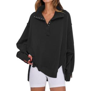 ANRABESS Women’s Sweatshirts Oversized Casual Loose Button Up Henley Pullover Top High Low Split 2025 Fall Fashion Outfits(Black)