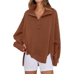 ANRABESS Women’s Sweatshirts Oversized Casual Loose Button Up Henley Pullover Top High Low Split 2025 Fall Fashion Outfits(Brown)