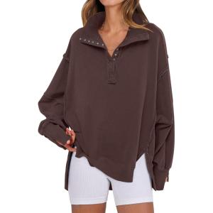 ANRABESS Women’s Sweatshirts Oversized Casual Loose Button Up Henley Pullover Top High Low Split 2025 Fall Fashion Outfits(Coffee)