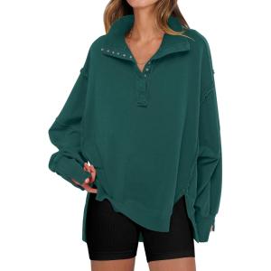 ANRABESS Women’s Sweatshirts Oversized Casual Loose Button Up Henley Pullover Top High Low Split 2025 Fall Fashion Outfits(Forest)