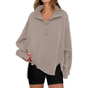ANRABESS Women’s Sweatshirts Oversized Casual Loose Button Up Henley Pullover Top High Low Split 2025 Fall Fashion Outfits(Khaki)