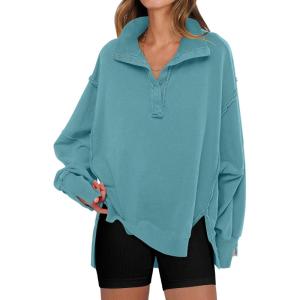 ANRABESS Women’s Sweatshirts Oversized Casual Loose Button Up Henley Pullover Top High Low Split 2025 Fall Fashion Outfits(Lake Green)