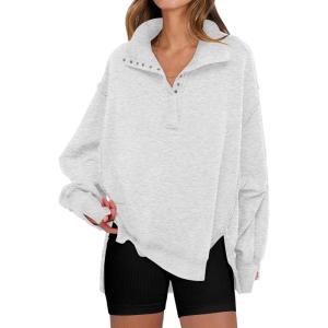 ANRABESS Women’s Sweatshirts Oversized Casual Loose Button Up Henley Pullover Top High Low Split 2025 Fall Fashion Outfits(Light Grey)