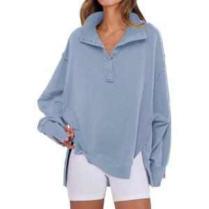 ANRABESS Women’s Sweatshirts Oversized Casual Loose Button Up Henley Pullover Top High Low Split 2025 Fall Fashion Outfits(Light Grey Blue)