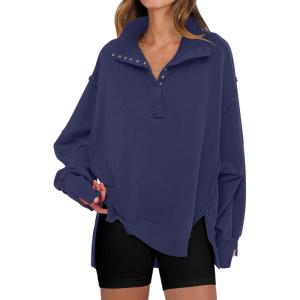 ANRABESS Women’s Sweatshirts Oversized Casual Loose Button Up Henley Pullover Top High Low Split 2025 Fall Fashion Outfits(Navy Blue)
