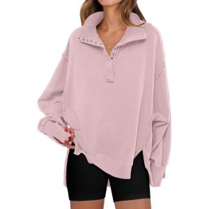 ANRABESS Women’s Sweatshirts Oversized Casual Loose Button Up Henley Pullover Top High Low Split 2025 Fall Fashion Outfits(Pink)