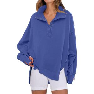 ANRABESS Women’s Sweatshirts Oversized Casual Loose Button Up Henley Pullover Top High Low Split 2025 Fall Fashion Outfits(Royal Blue)