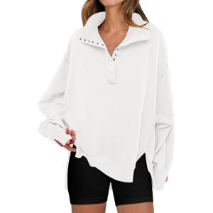 ANRABESS Women’s Sweatshirts Oversized Casual Loose Button Up Henley Pullover Top High Low Split 2025 Fall Fashion Outfits(White)