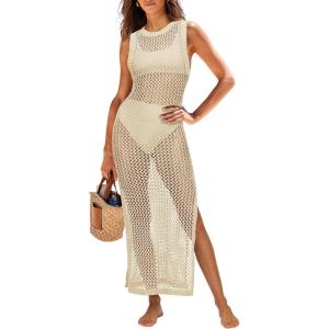 ANRABESS Womens Swimsuit Cover Up Sleeveless Hollow Knit Bikini Swimwear Bathing Suit Coverup Crochet Beach Dress(Beige)