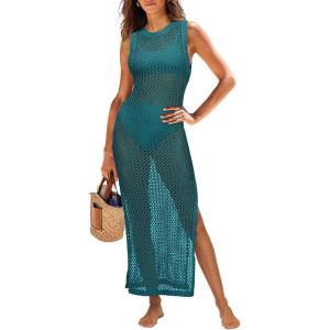ANRABESS Womens Swimsuit Cover Up Sleeveless Hollow Knit Bikini Swimwear Bathing Suit Coverup Crochet Beach Dress(Cyan)