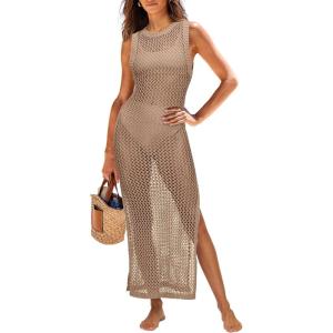 ANRABESS Womens Swimsuit Cover Up Sleeveless Hollow Knit Bikini Swimwear Bathing Suit Coverup Crochet Beach Dress(Khaki)