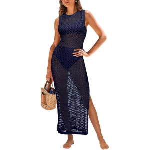 ANRABESS Womens Swimsuit Cover Up Sleeveless Hollow Knit Bikini Swimwear Bathing Suit Coverup Crochet Beach Dress(Navy Blue)