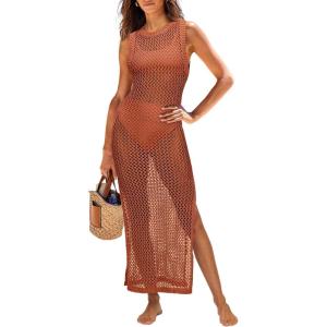 ANRABESS Womens Swimsuit Cover Up Sleeveless Hollow Knit Bikini Swimwear Bathing Suit Coverup Crochet Beach Dress(Rust)