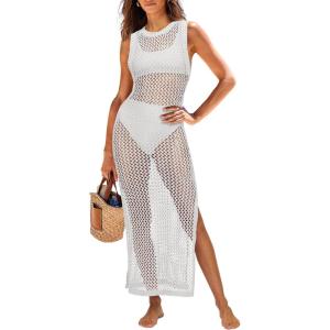 ANRABESS Womens Swimsuit Cover Up Sleeveless Hollow Knit Bikini Swimwear Bathing Suit Coverup Crochet Beach Dress(White)