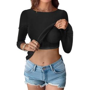 ANRABESS Womens Thermal Shirts Built-in Bra Long Sleeve Tops Boat Neck Fleece Slim Fitted Basic Tee 2025 Fall Winter Outfits(Black)