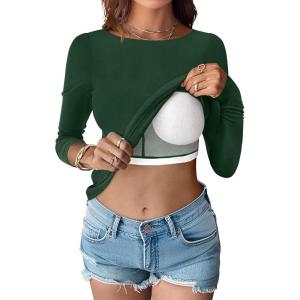 ANRABESS Womens Thermal Shirts Built-in Bra Long Sleeve Tops Boat Neck Fleece Slim Fitted Basic Tee 2025 Fall Winter Outfits(Forest Green)