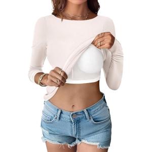 ANRABESS Womens Thermal Shirts Built-in Bra Long Sleeve Tops Boat Neck Fleece Slim Fitted Basic Tee 2025 Fall Winter Outfits(Parchment)