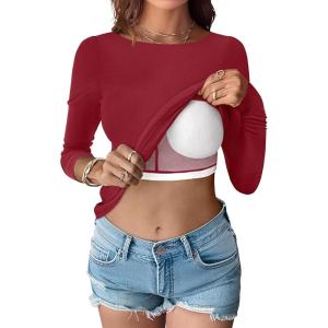 ANRABESS Womens Thermal Shirts Built-in Bra Long Sleeve Tops Boat Neck Fleece Slim Fitted Basic Tee 2025 Fall Winter Outfits(Red)