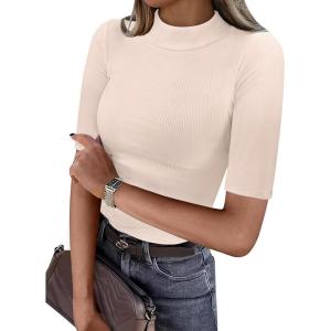 ANRABESS Womens Tops Mock Neck Half Sleeve Shirts Ribbed Knit Slim Fit Basic Tee 2025 Summer Fall Dressy Casual T-Shirts(Beige)