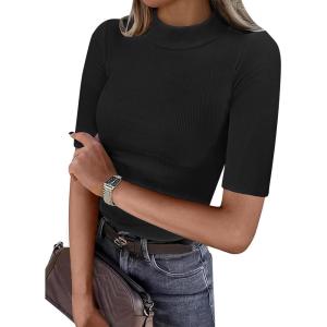 ANRABESS Womens Tops Mock Neck Half Sleeve Shirts Ribbed Knit Slim Fit Basic Tee 2025 Summer Fall Dressy Casual T-Shirts(Black)