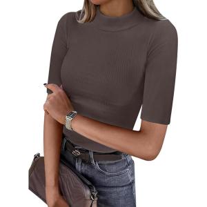 ANRABESS Womens Tops Mock Neck Half Sleeve Shirts Ribbed Knit Slim Fit Basic Tee 2025 Summer Fall Dressy Casual T-Shirts(Brown)
