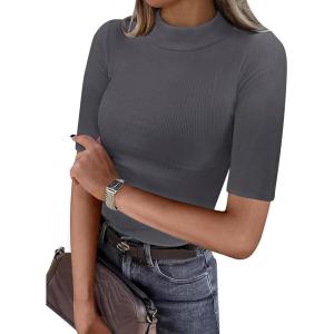 ANRABESS Womens Tops Mock Neck Half Sleeve Shirts Ribbed Knit Slim Fit Basic Tee 2025 Summer Fall Dressy Casual T-Shirts(Deep Grey)