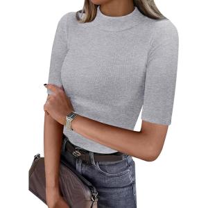ANRABESS Womens Tops Mock Neck Half Sleeve Shirts Ribbed Knit Slim Fit Basic Tee 2025 Summer Fall Dressy Casual T-Shirts(Grey)