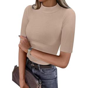 ANRABESS Womens Tops Mock Neck Half Sleeve Shirts Ribbed Knit Slim Fit Basic Tee 2025 Summer Fall Dressy Casual T-Shirts(Light Khaki)