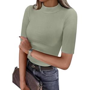 ANRABESS Womens Tops Mock Neck Half Sleeve Shirts Ribbed Knit Slim Fit Basic Tee 2025 Summer Fall Dressy Casual T-Shirts(Sage Green)