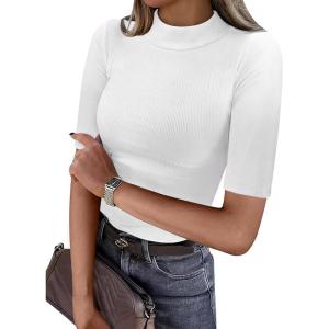 ANRABESS Womens Tops Mock Neck Half Sleeve Shirts Ribbed Knit Slim Fit Basic Tee 2025 Summer Fall Dressy Casual T-Shirts(White)