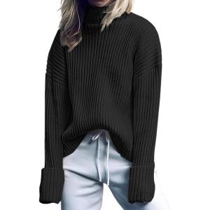 ANRABESS Womens Turtleneck Sweater 2025 Long Sleeve Ribbed Chunky Knit Fall Pullover Sweater Top(Black)