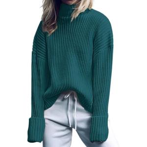 ANRABESS Womens Turtleneck Sweater 2025 Long Sleeve Ribbed Chunky Knit Fall Pullover Sweater Top(Dark Green)