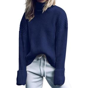 ANRABESS Womens Turtleneck Sweater 2025 Long Sleeve Ribbed Chunky Knit Fall Pullover Sweater Top(Navy Blue)