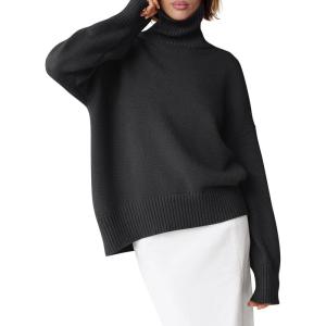 ANRABESS Womens Turtleneck Sweaters Oversized Chunky Long Sleeve Knit High Low Hem Pullover Top 2025 Fall Winter Fashion(Black)