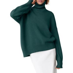 ANRABESS Womens Turtleneck Sweaters Oversized Chunky Long Sleeve Knit High Low Hem Pullover Top 2025 Fall Winter Fashion(Dark Green)