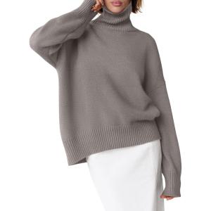 ANRABESS Womens Turtleneck Sweaters Oversized Chunky Long Sleeve Knit High Low Hem Pullover Top 2025 Fall Winter Fashion(Grey Khaki)