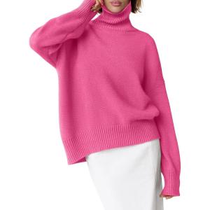 ANRABESS Womens Turtleneck Sweaters Oversized Chunky Long Sleeve Knit High Low Hem Pullover Top 2025 Fall Winter Fashion(Hot Pink)