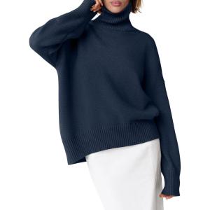 ANRABESS Womens Turtleneck Sweaters Oversized Chunky Long Sleeve Knit High Low Hem Pullover Top 2025 Fall Winter Fashion(Navy Blue)