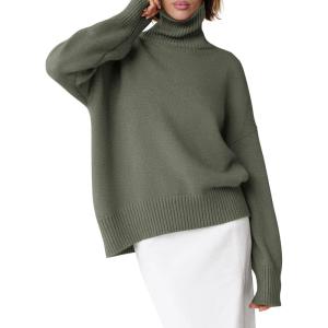 ANRABESS Womens Turtleneck Sweaters Oversized Chunky Long Sleeve Knit High Low Hem Pullover Top 2025 Fall Winter Fashion(Olive Green)