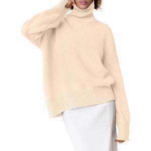 ANRABESS Womens Turtleneck Sweaters Oversized Chunky Long Sleeve Knit High Low Hem Pullover Top 2025 Fall Winter Fashion(Parchment)